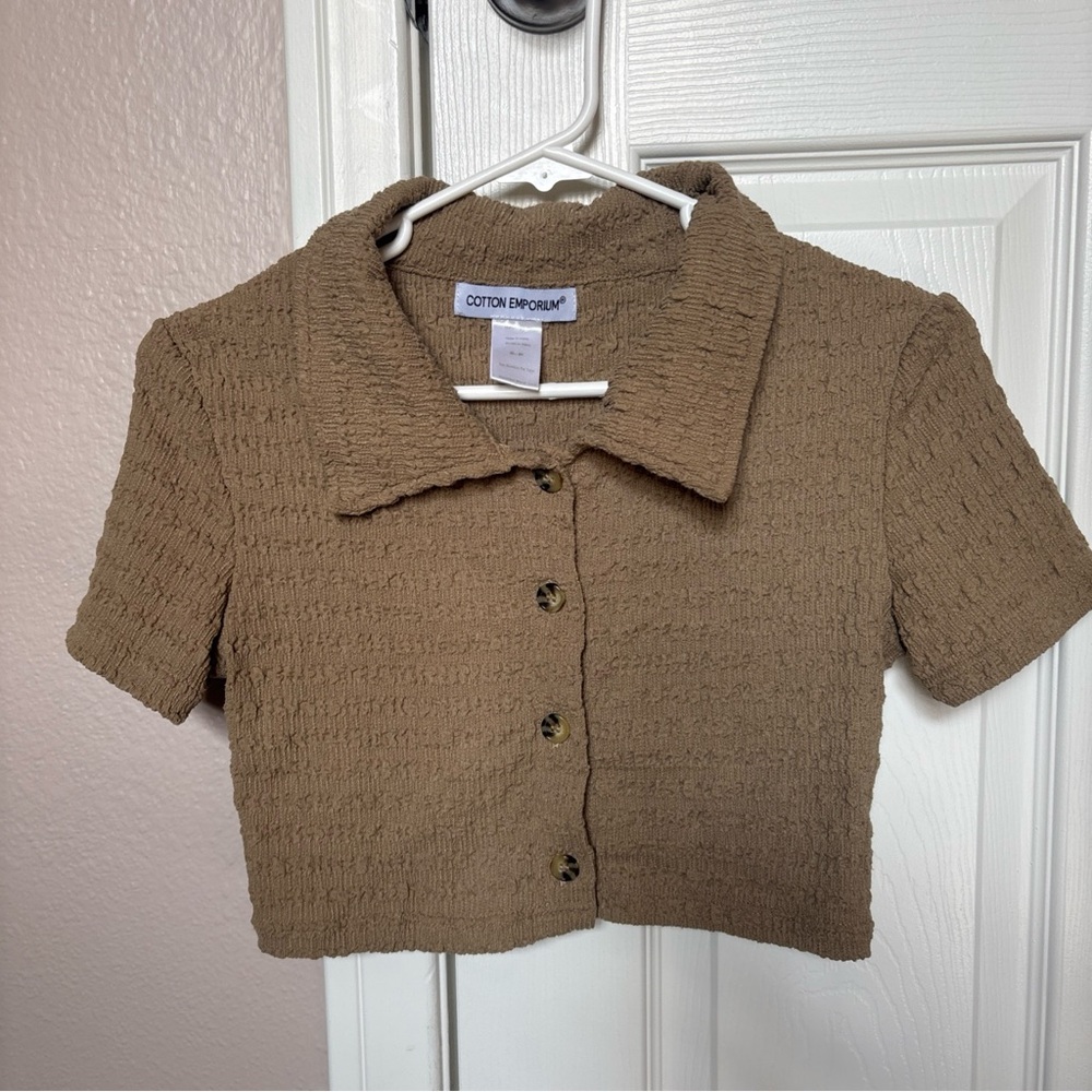 Cotton Emporium Brown Cropped Button Front Top Collared Short Sleeve S/P